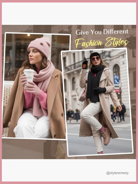 Fleece Lined Knit Beanie Hat Scarf Gloves Headband Set Touchscreen Gloves main image 5